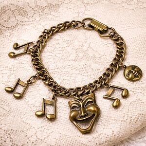 Vintage Gold Charm Bracelet with Musical Notes and Comedy Mask Moon Balletcore
